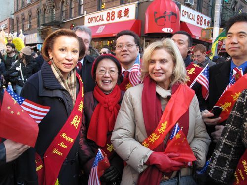 Nydia Velasquez, Margaret Chin, Carolyn Maloney, Chinese Communist flags, Lunar New Year Parade in Chinatown, 2011.Communist chinese flags, communist flags