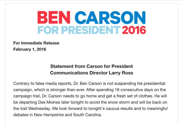 Carson press release on caucus night