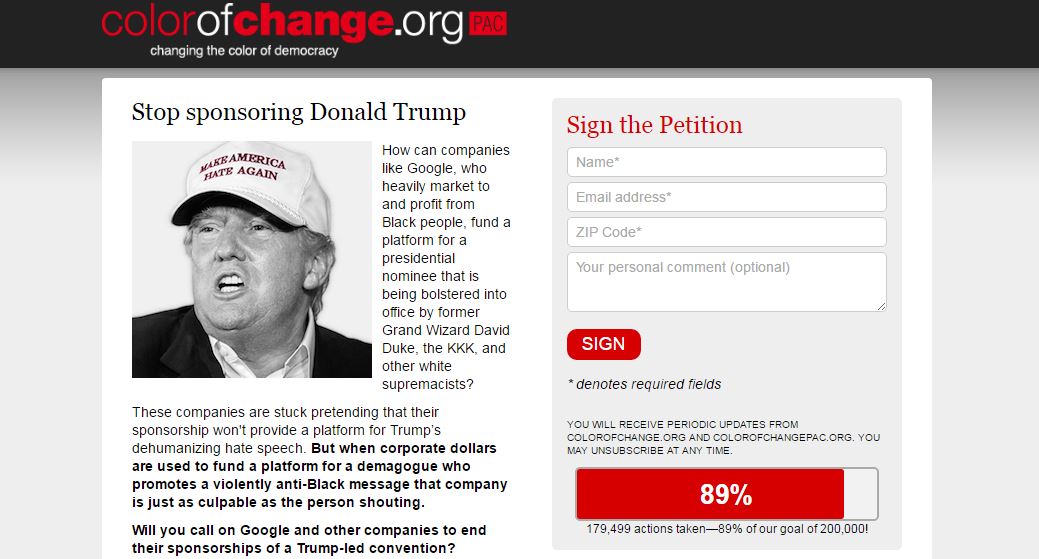 Screenshot of Color of Change petition to corporations to "Stop sponsoring Donald Trump"