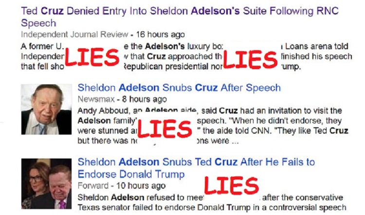 Mainstream media spews lies about Ted Cruz being turned away from Adelsons' suite at RNC