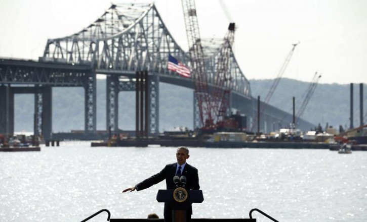 President Obama speaks about transportation infrastructure during a visit to the Tappan Zee Bridge
